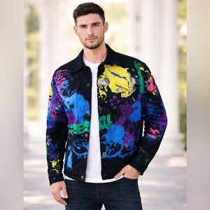 Sacred Crown Denim Jacket Black Paint Splatter Graffiti Metal Snaps Y2K Vibes